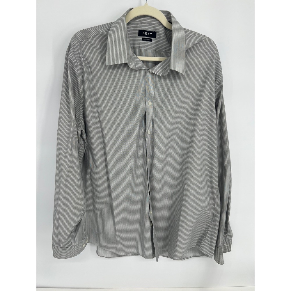 DKNY‎ Mens Slim Fit Stretch Button Up Shirt Grey White Micro Stripe 17.5 34/35